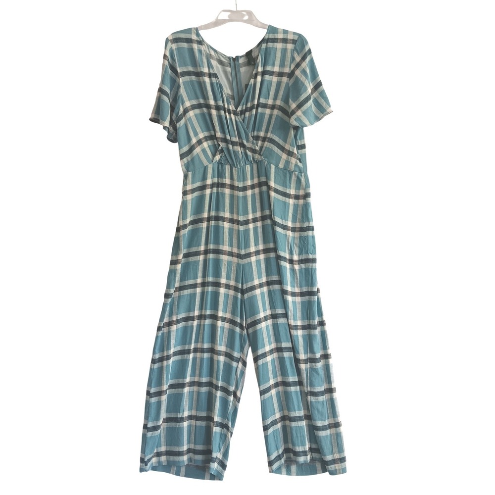 Wild Fable Jumpsuit Womens L Blue NWT Plaid Flutter Sleeve V-Neck Wide Leg